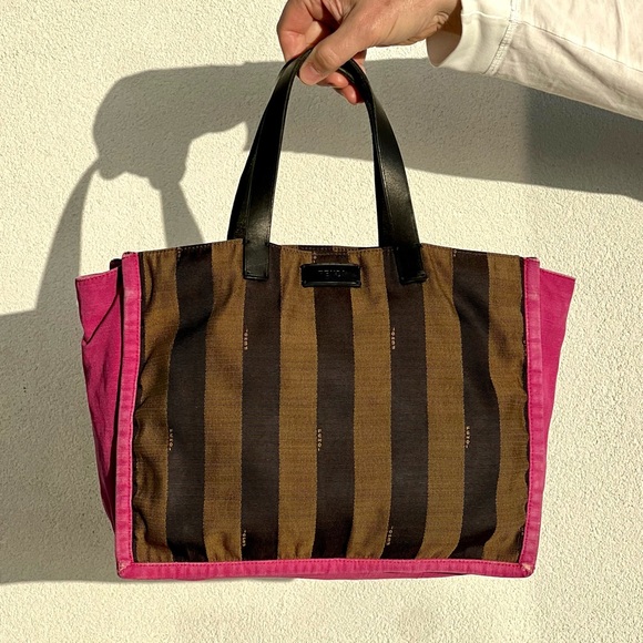 Fendi Handbags - FENDI Fuchsia And Tobacco Pequin Stripe Canvas Bag